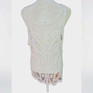 CAPRI ivory semi sheer embroidered tank top size S. Scalloped hem and straps.